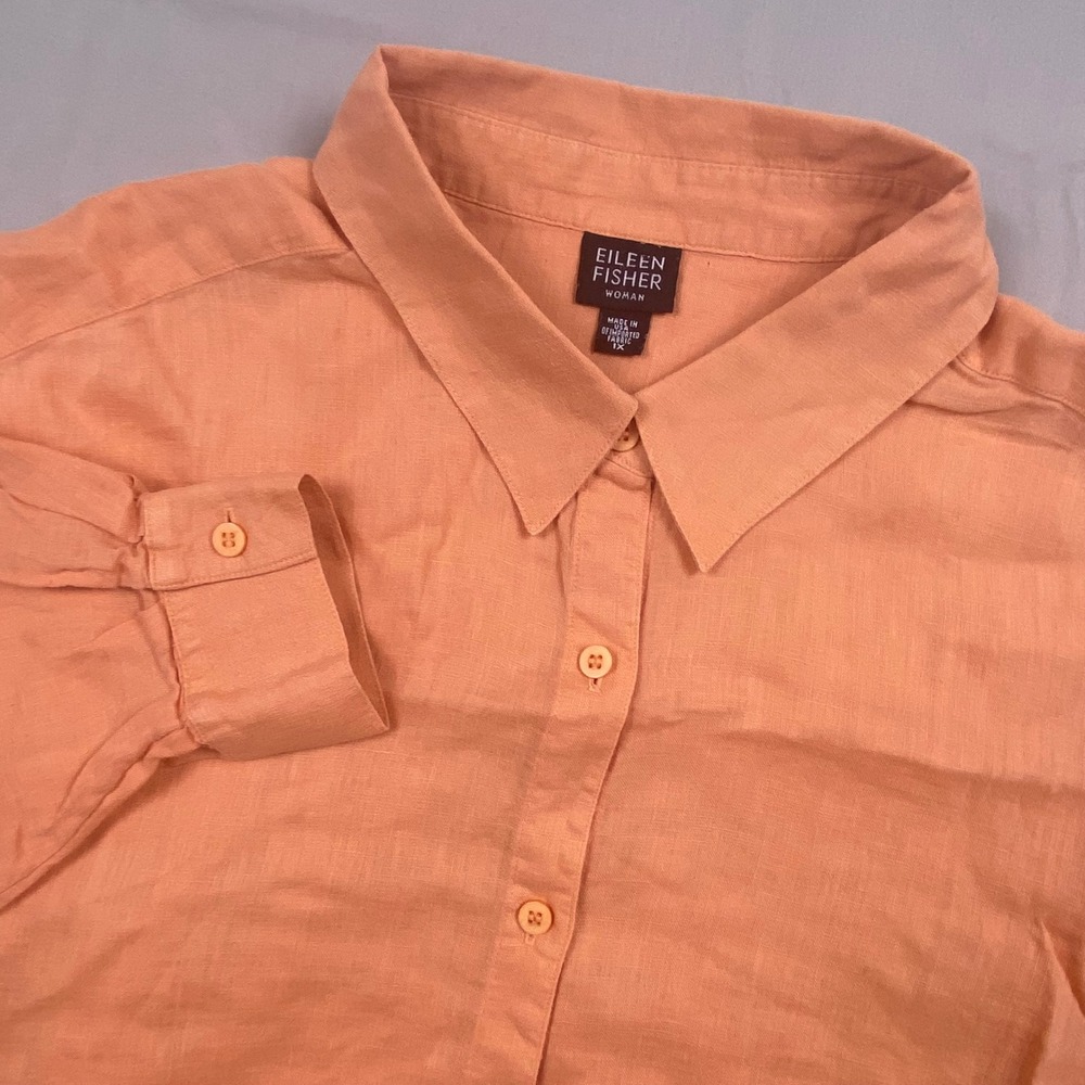 Eileen Fisher Woman 100% Irish Linen Button Down Shirt 1X Orange Tunic Top